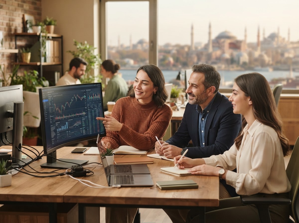 Trader Robot ekibinin veri analizi süreçlerini gözden geçirdiği çalışma ortamı